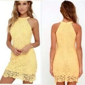 Lulus Large Love Poem Yellow Textured Floral Lace Halter Mini Dress Zipper NWT